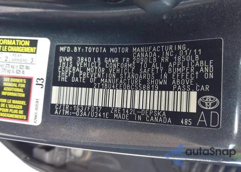 2011 Toyota Corolla z USA, uszkodzony, nr VIN 2T1BU4EE0BC558819